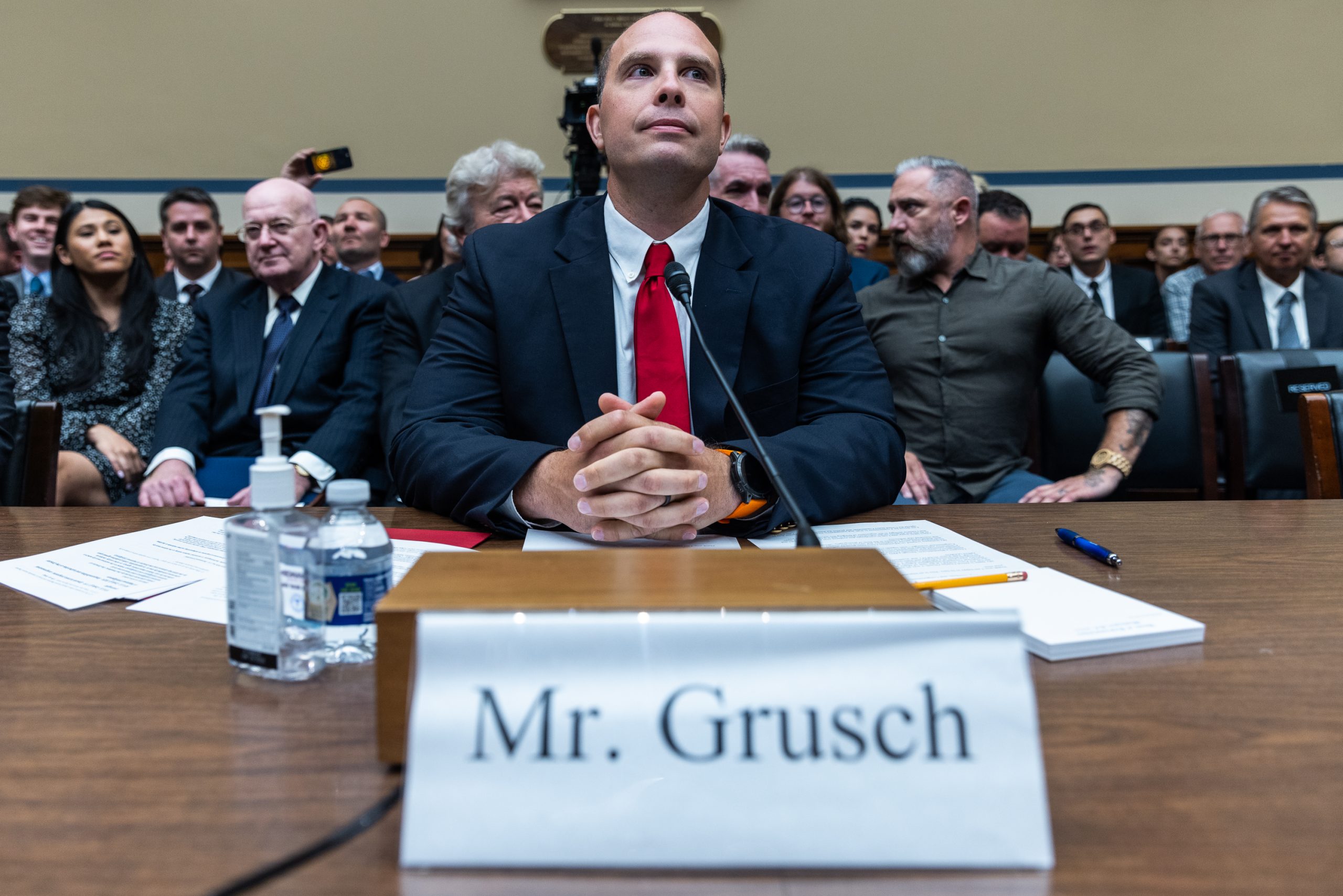 David Grusch, former National Reconnaissance Office representative on the Defense Department's Unidentified Aerial Phenomena Task Force, prepares to testify before the House Oversight and Accountability Subcommittee on UFOs, on Wednesday, July 26, 2023, on Capitol Hill. Grusch, who went from being part of the Pentagon's UAP Task Force to becoming a whistleblower, told the Committee that “non-human” biological matter from crashed craft of unknown origin exists.