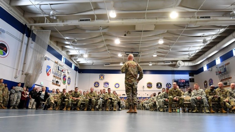 Gen. Jay Raymond, former head of Air Force Space Command, briefs Airmen during an all-call at Schriever Air Force Base, Colorado, July 29, 2019. 