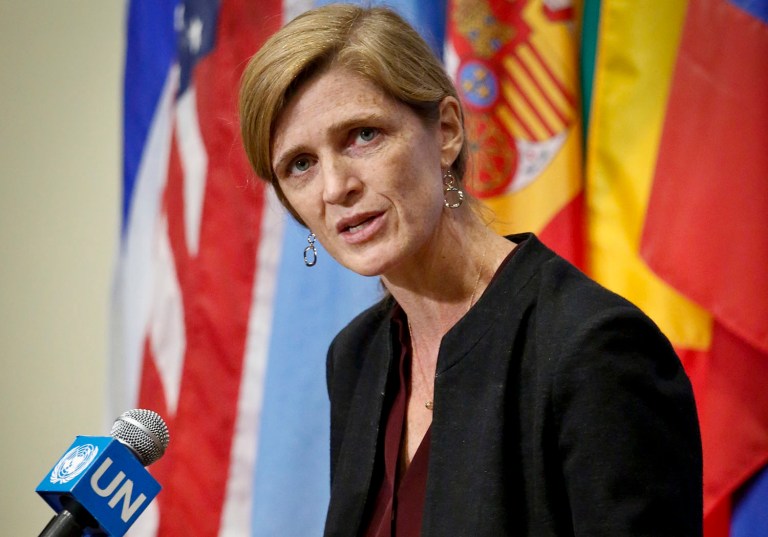 Ambassador Samantha Power sharply criticized Russia in a speech to the United Nations Security Council. (AP Photo/Bebeto Matthews)