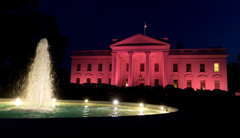 The White House will be lit in pink Sunday to recognize National Breast Cancer Awareness Month. The annual tradition was started by President George W. Bush in 2008. (AP Photo/Carolyn Kaster)