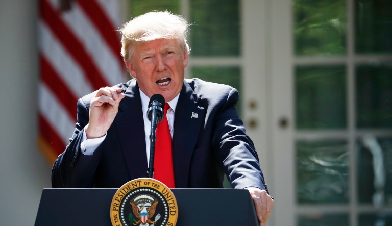 President Trump announced steps to exit from the Paris climate change agreement on Thursday amid growing international opposition and accusations by Democrats that the U.S. is abdicating its leadership position on clean energy and global warming to China. (AP Photo/Pablo Martinez Monsivais)
