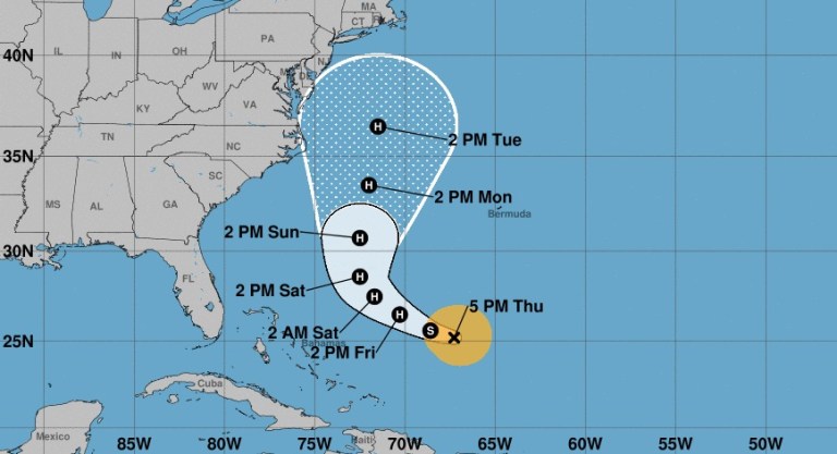 Tropical Storm Jose is 515 miles south-southwest of Bermuda and is forecast to head northeast in the direction of the Mid-Atlantic and later New England. (Screen shot courtesy of the National Hurricane Center)