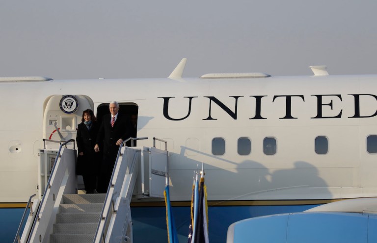 U.S. Vice President Mike Pence and Second Lady Karen Pence exit Air Force Two in South Korea during a February 2018 trip. The Air Force has awarded a $16 million contract to Boeing to upgrade one of the four Boeing 757s used by the vice president and senor government officials. 