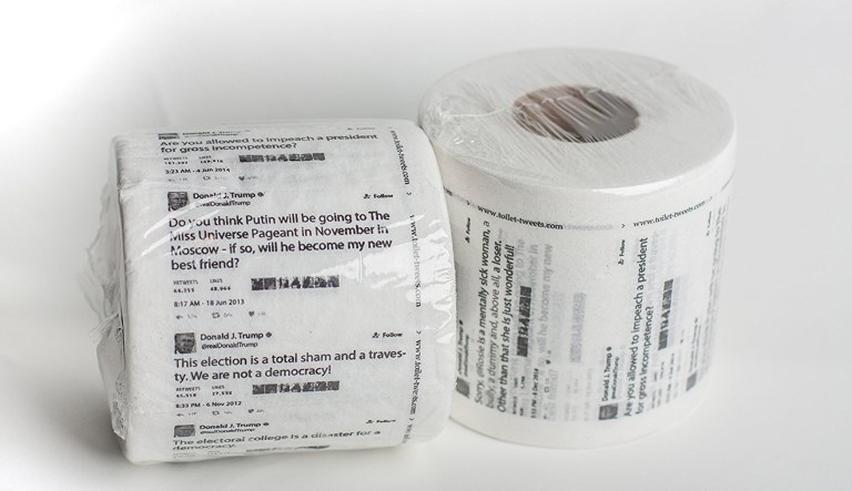 Amazon is selling rolls of toilet paper printed with tweets from President Trump. (Amazon)