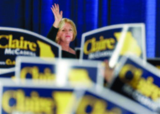 Sen. Claire McCaskill, D-Mo., waves to the crowd as she walks on stage to declare victory over challenger Rep. Todd Akin, R-Mo., in the Missouri Senate race. McCaskill will be one of a record 20 women in the next Senate, 17 of them Democrats. Democrats and liberal advocacy groups have declared victory in what they called a Republican 