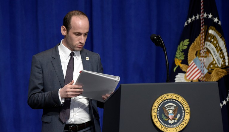 Senior policy adviser Stephen Miller went toe-to-toe with New York Times reporter during Wednesday's White House press briefing over a new plan backed by Trump to move to a merit-based system for foreigners applying for legal permanent status. (AP Photo/Susan Walsh)