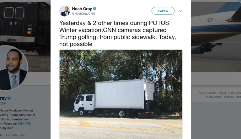 Noah Gray, a producer for CNN, tweeted a picture of a white box truck in front of hedges adjacent to the golf course on Wednesday. (Screengrab)