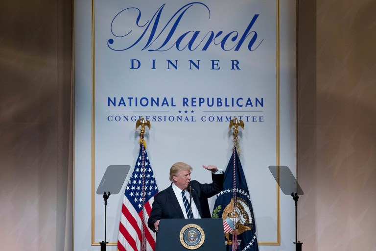 President Donald Trump speaks at the National Republican Congressional Committee March Dinner at the National Building Museum. (AP Photo/Andrew Harnik)