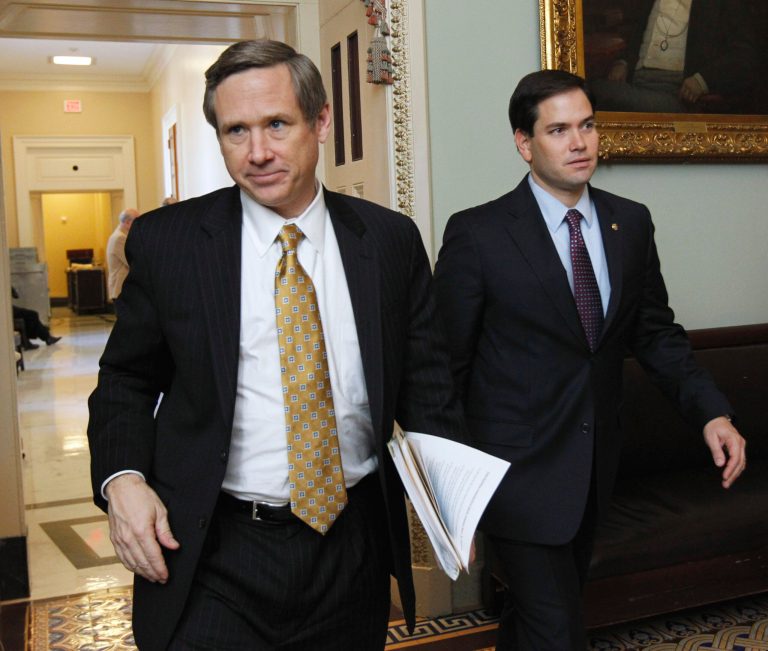 Sen. Mark Kirk, R-Ill., left, and Sen. Marco Rubio, R-Fla., leaving a Republican caucus on Capitol Hill in Washington, Wednesday, Feb. 2, 2011. (AP Photo/Manuel Balce Ceneta)