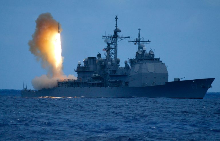A missile is launched from a U.S. Navy Ticonderoga-class cruiser during a test off the coast of Kauai, Hawaii. The USS Gettysburg is the latest of the class of ships to undergo upgrades.
