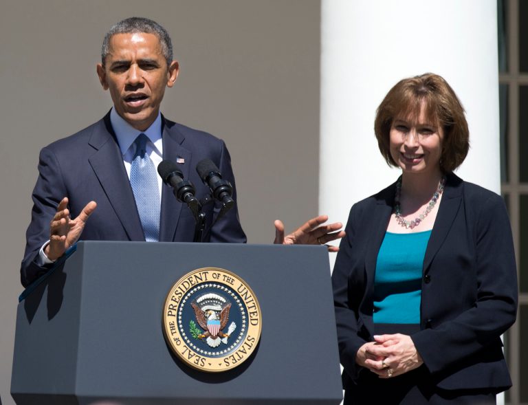 FILE - In this June 4, 2013 file photo, President Barack Obama gestures while speaking in the Rose Garden of the White House in Washington, Tuesday, June 4, 2013, to announce the judicial nominations including Patricia Ann Millett, right, to the U.S. Court of Appeals for the District of Columbia Circuit. Senate Democrats have approved a key judicial nominee from President Barack Obama, the first nomination cleared since they weakened Senate filibuster rules.The Senate voted 56-38 to approve Millett's nomination to the U.S. Court of Appeals for the District of Columbia.  (AP Photo/Manuel Balce Ceneta, File)