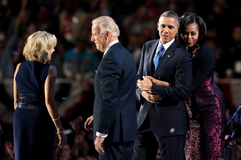 President Barack Obama stands on stage with first lady Michelle Obama, U.S. Vice President Joe Biden and Dr. Jill Biden after his victory speech. (Getty Images)