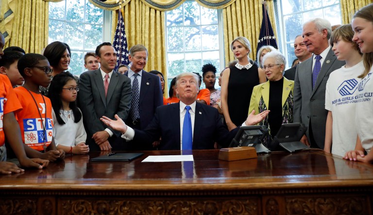President Trump speaks before signing a memorandum to expand access to STEM -- science technology engineering and math -- education in the Oval Office. (AP Photo/Alex Brandon)