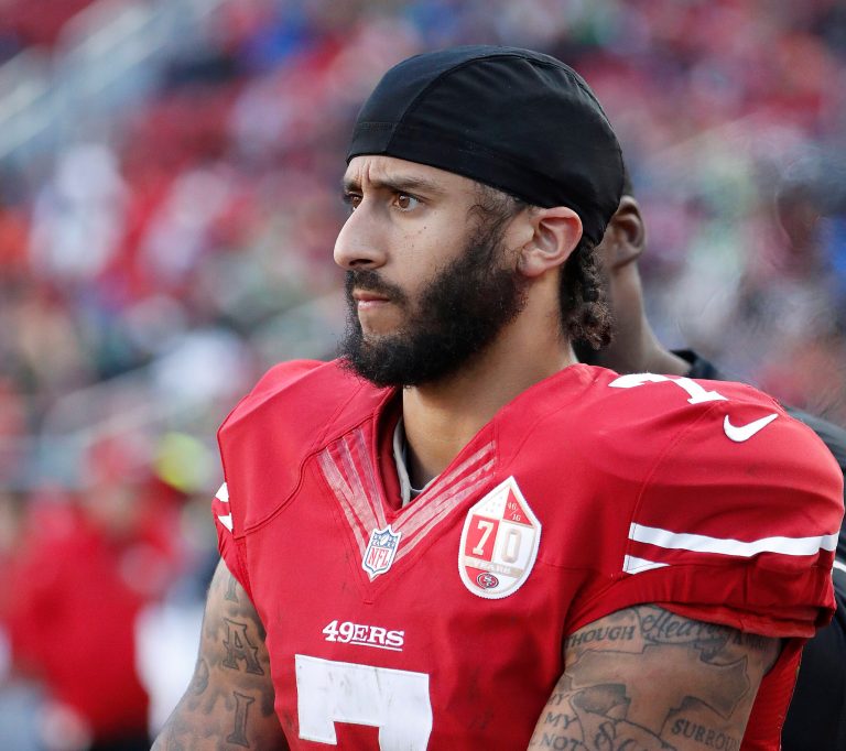Kaepernick touched off a national debate last fall when he took a knee during the national anthem at the first game of the season. (AP Photo/Tony Avelar)