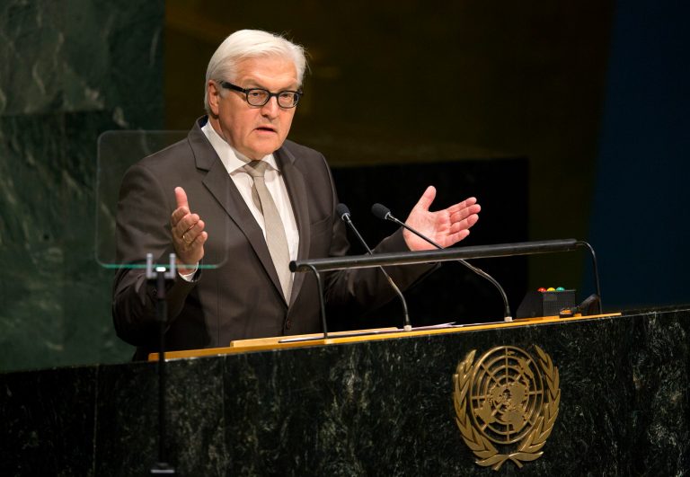 Foreign Minister Frank-Walter Steinmeier, of Germany, addresses the 69th United Nations General Assembly at U.N. headquarters, Saturday, Sept. 27, 2014. (AP Photo/Craig Ruttle)