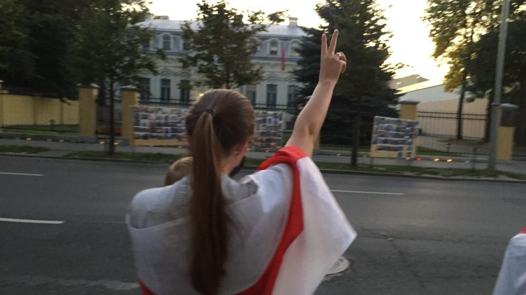 Marina Garbuz, 27, a Belarusian in exile in Lithuania protests the illegitimate re-election of Belarusian President Alexander Lukashenko across the street from the Belarusian Embassy in Vilnius September 23, 2020.