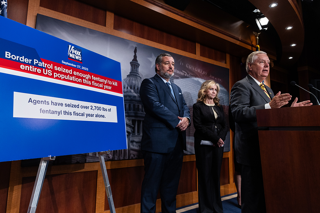 Sen. Lindsey Graham (R-SC), accompanied by Sens. Ted Cruz (R-TX) and Marsha Blackburn (R-TN), speaks during a press conference on border security on Sept. 27, 2023, in Washington. Republicans expressed concern for the security of the southern border and the need for more border funding.