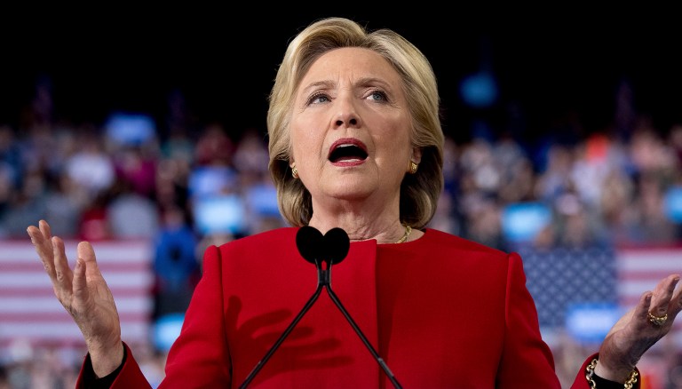 Democratic presidential candidate Hillary Clinton speaks during a campaign rally in Raleigh, N.C., Tuesday, Nov. 8, 2016. (AP Photo/Gerry Broome)