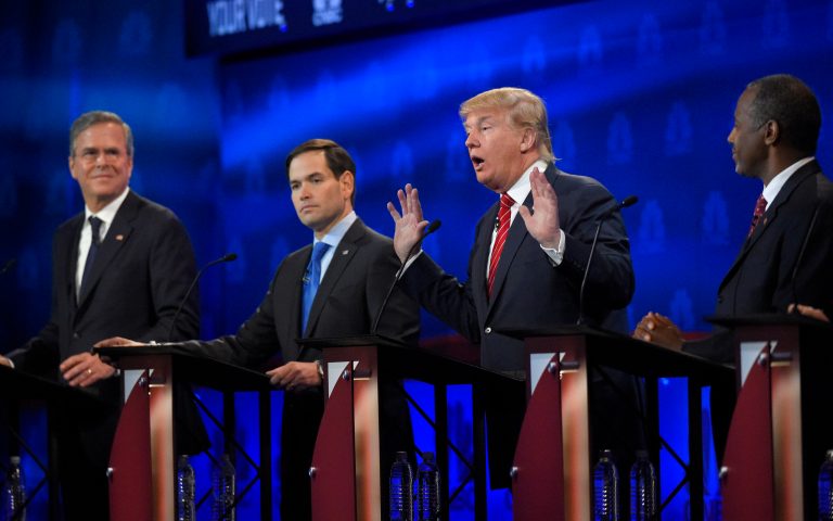 Donald Trump, second from right, speaks as Jeb Bush, left, Marco Rubio, second from left, and Ben Carson look on during the CNBC Republican presidential debate at the University of Colorado, Wednesday, Oct. 28, 2015, in Boulder, Colo. (AP Photo/Mark J. Terrill)