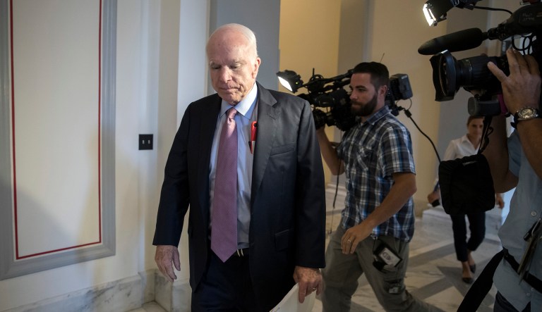 Senate leaders have not announced they are nixing plans for a vote next week on the bill, but the Arizona Republican's decision left leadership with few options in trying to cobble together 50 votes. (AP Photo/J. Scott Applewhite)