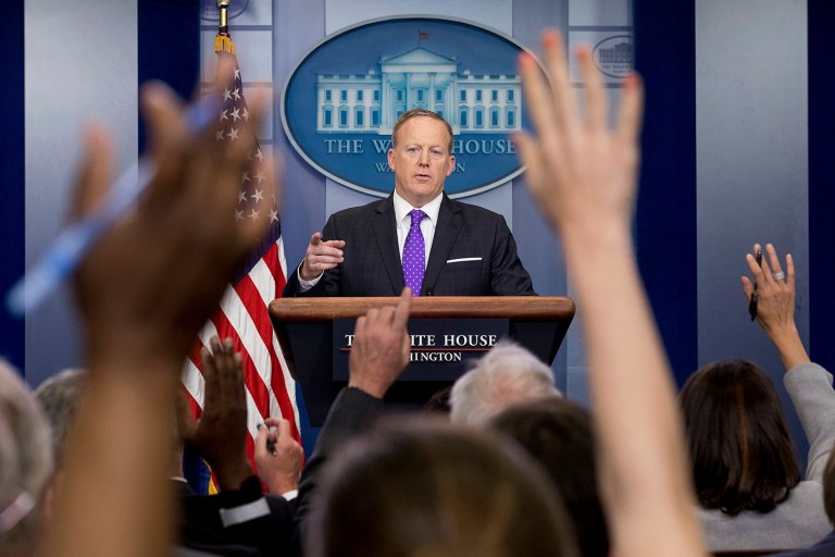 White House press secretary Sean Spicer calls on a member of the media during the daily press briefing at the White House in Washington, Thursday, April 27, 2017. Spicer discussed former National Security Adviser Michael Flynn, Trump's tax overhaul plan and other topics. (AP Photo/Andrew Harnik)
