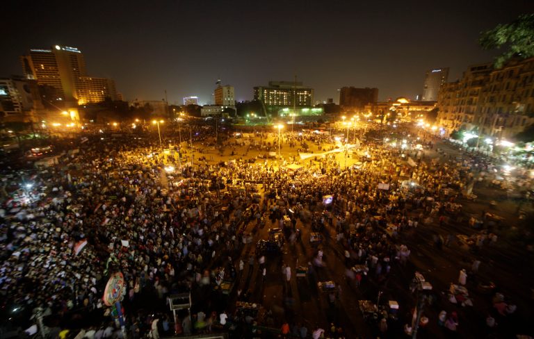   Hundreds of Egyptian protesters gather at Tahrir Square, the focal point of Egyptian uprising, in Cairo, Egypt, Friday, June 8, 2012, to demonstrate against presidential candidate Ahmed Shafiq, Hosni Mubarak's last prime minister, ahead of a run-off vote. (AP Photo/Amr Nabil)  