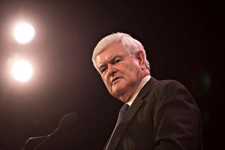 Former House Speaker Newt Gingrich went on the defensive to try to stem any backlash to his comments about Muslims and Shariah law the night before. (Daniel Acker/Bloomberg)