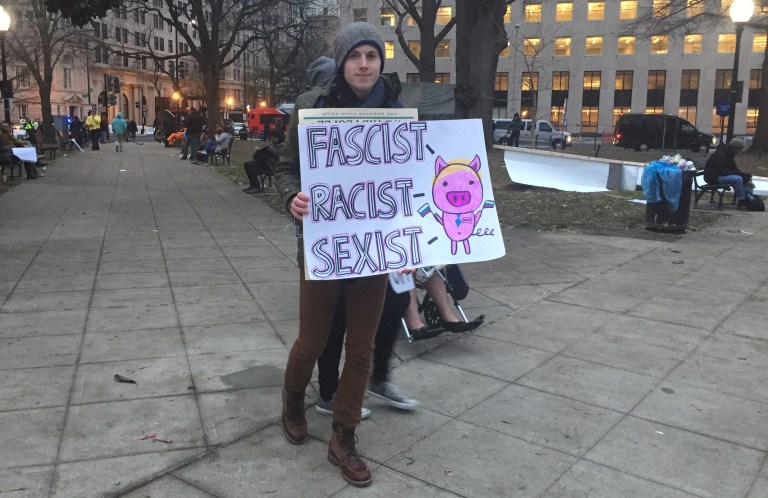 Anti-Trump protesters looking to spoil the evenings' inaugural balls marched in the way of revelers looking to enjoy their night in Washington Friday. (Meghana Kurup/Washington Examiner)