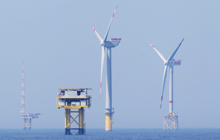 Wind turbines spin at the Alpha Ventus offshore windpark on April 28, 2010 in the North Sea approximately 70km north of the German coast. Alpha Ventus, which is a pilot project between energy producers E. (Photo by Sean Gallup/Getty Images)