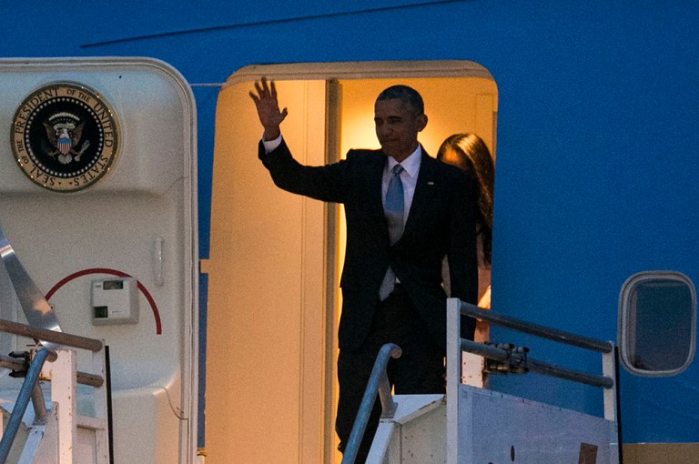 Obama, speaking at his second Democratic fundraiser on day two of his West Coast visit, again bashed GOP senators. (AP Photo/Damian Dovarganes)