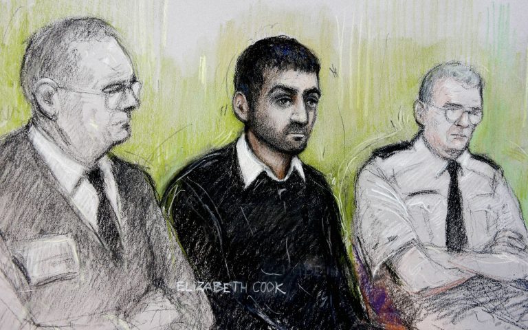 This is a  Monday Oct. 13, 2014 sketch by court artist  Elizabeth Cook,  of Erol Incedal , centre, seated at the Central Criminal Court  