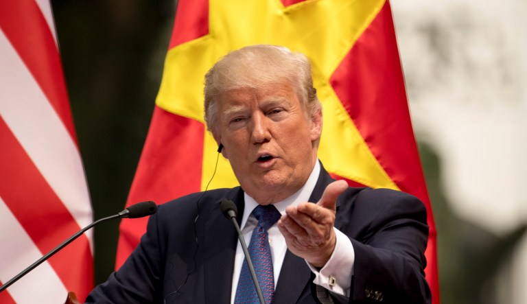 President Trump spoke at a news conference in Hanoi, Vietnam on Sunday. Trump is on a five-country trip through Asia traveling to Japan, South Korea, China, Vietnam, and the Philippines. (AP Photo/Andrew Harnik)