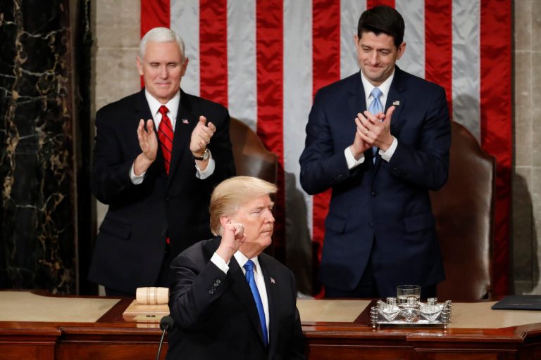 President Donald Trump wraps up his State of the Union address to a joint session of Congress on Capitol Hill in Washington, Tuesday, Jan. 30, 2018. (AP Photo/Pablo Martinez Monsivais)