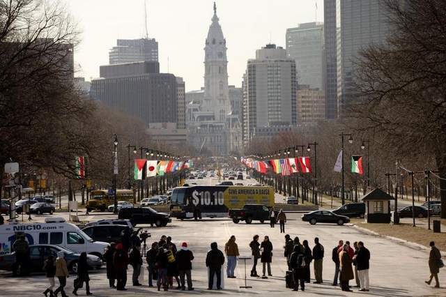 A bus with a sign $10.10 on the side toured the country for Americans United for Change, which is promoting the minimum wage hike from $7.25 an hour. AP Photo