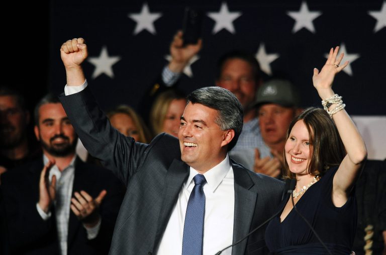 Sen.-Elect Cory Gardner delivers his victory speech to supporters Tuesday night. (AP Photo/Brennan Linsley)