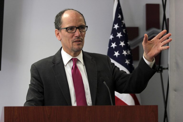 FILE - In this June 4, 2014, file photo Labor Secretary Thomas Perez speaks in Washington. Perez sought Monday, Oct. 20 to re-energize President Barack Obama's stalled push for raising the minimum wage from $7.25 to $10.10 an hour and for making paid leave for mothers of newborns more widely available. Speaking at the National Press Club, Perez also suggested that many U.S. workers have failed to benefit from the nation's economic recovery. (AP Photo/Connor Radnovich, File)