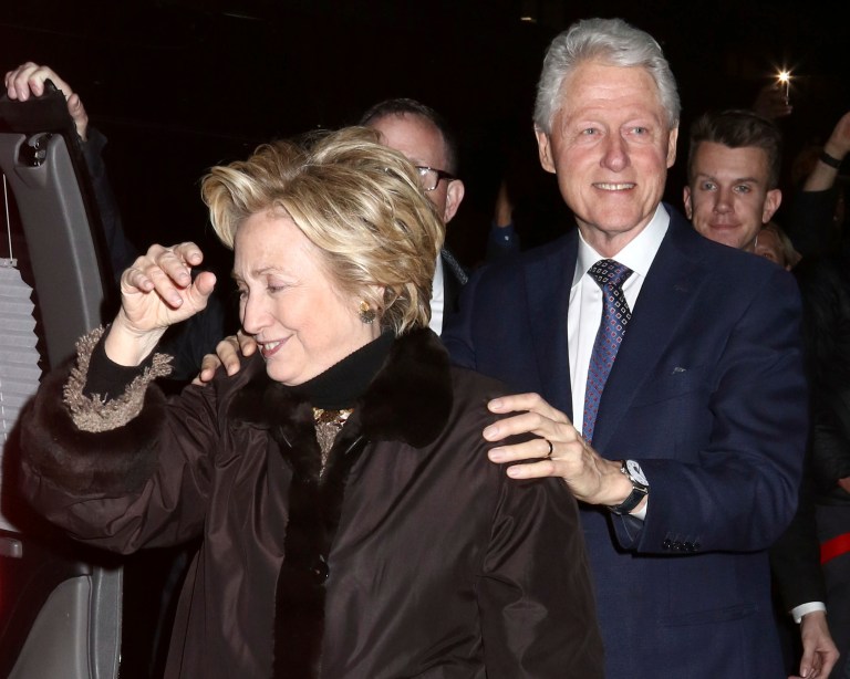 Former Secretary of State Hillary Clinton and former President Bill Clinton attend the Broadway a cappella musical 