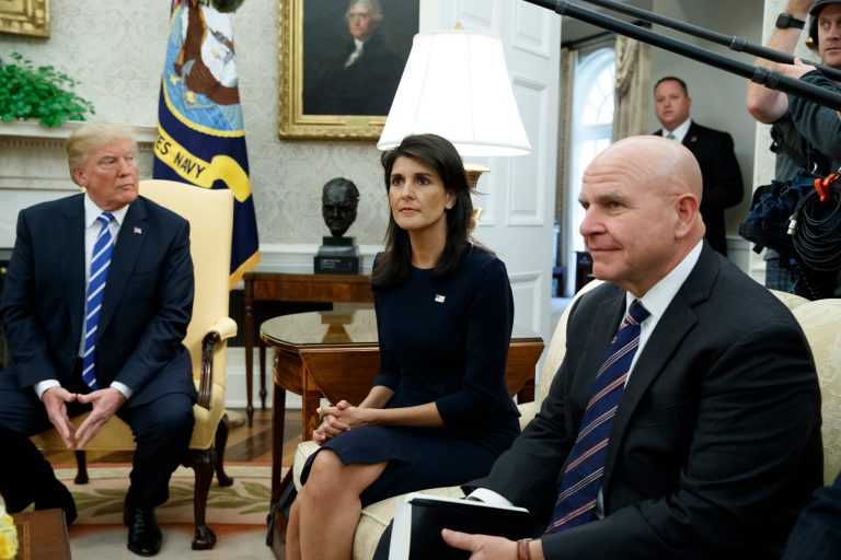 The White House is beginning to set up an advisory board to review intelligence to top officials including the president, Ambassador to the United Nations Nikki Haley, center, and National Security Adviser H.R. McMaster. (AP Photo/Evan Vucci)