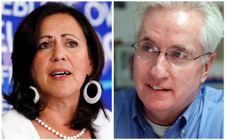 FILE - These photo combo of 2013 file photos shows state Sens. Angela Giron, D-Pueblo, and John Morse, D-Colorado Springs, who are facing recall elections, Tuesday, Sept. 10, 2013, in a battle that has attracted major players from around the nation, reflecting the sustained intensity over the issue of gun rights. (AP Photo/Ed Andrieski, File)