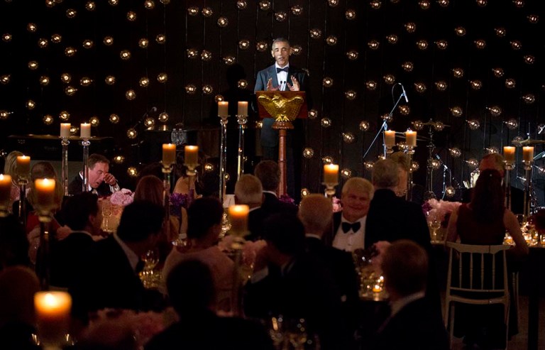 President Obama prpares to deliver a toast during a State Dinner for Nordic Leaders on the South Lawn of the White House. (AP Photo/Pablo Martinez Monsivais)