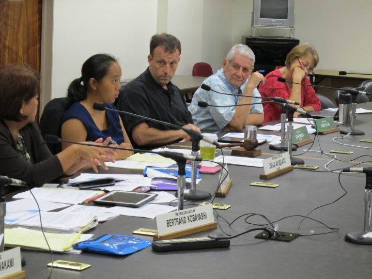 Rep. Dee Morikawa from left, Rep. Della Au Bellati, Sen. Josh Green, Sen. Sam Slom and Sen. Rosalyn Baker listen to testimony about financial problems in public hospitals at the Legislature, Friday, Sept. 19, 2014, in Honolulu. Public hospitals across Hawaii are finding ways to reduce staff and cut services because they don't have enough money to make ends meet. (AP Photo/Cathy Bussewitz)