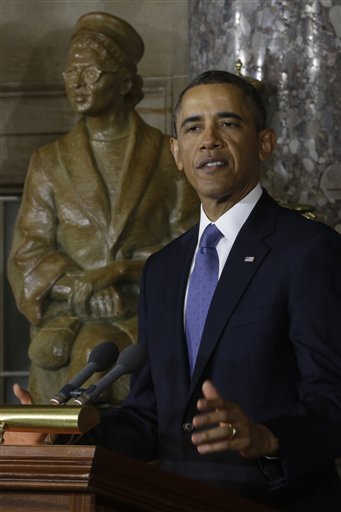 President Barack Obama speaks at the unveiling of a statue of Rosa Parks at the U.S. Capitol in Washington, Wednesday, Feb. 27, 2013. (AP Photo/Charles Dharapak)