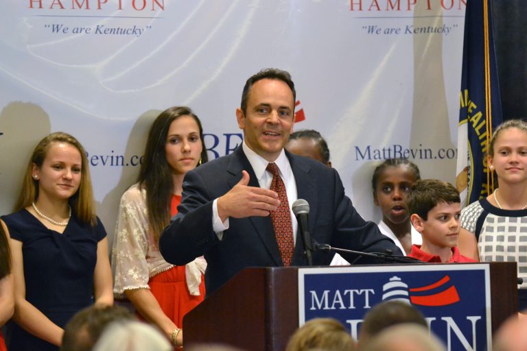 RepublicanÂ MattÂ Bevin was winning nearly 52 percent of the vote to Democrat Jack Conway's 44 percent, with independent Drew Curtis taking the rest.Â (AP Photo/Dylan Lovan)