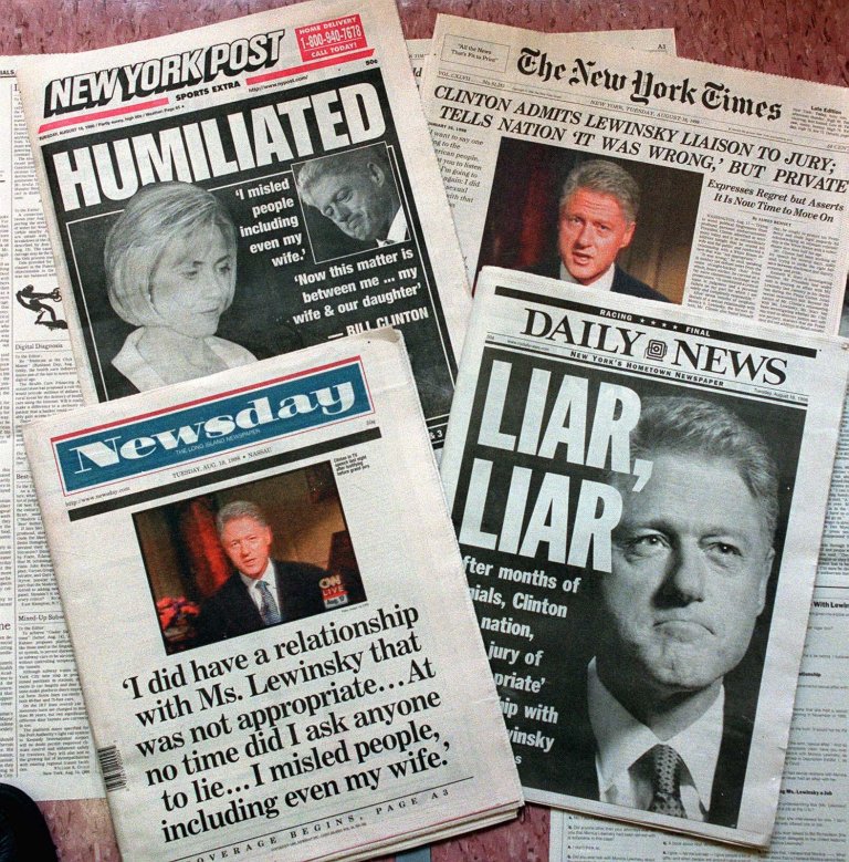 Cheating remains the least acceptable moral dilemma in a new Gallup survey. A selection of New York City's newspapers show headlines on President Clinton's testimony on the Monica Lewinsky affair in New York Tuesday, Aug. 18, 1998. (AP Photo/Marty Lederhandler)