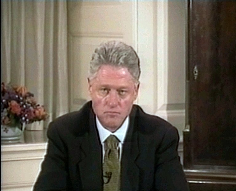 In this image made from video, President Clinton listens to one of a series of direct questions about specific explicit sexual acts involving Monica Lewinsky, during the third hour of his videotaped testimony Monday, Aug. 17, 1998, at the White House. (AP Photo/APTV)
