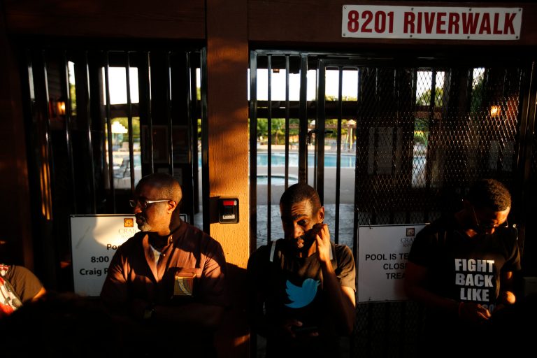 The Craig Ranch pool where McKinney Police Cpl. Eric Casebolt was seen on video pinning a 14-year-old African-American girl to the ground and pointing his gun at other teenagers is closed as protesters gathered outside, Monday, June 8, 2015. (Tom Fox/The Dallas Morning News via AP)