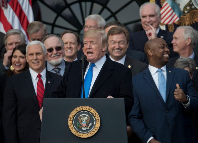 President Donald Trump, joined on stage by supporters and members of congress including Vice President Mike Pence, Rep. Don Young, R-Alaska, and Rep. Tim Scott, R-S.C., speaks during an event on the South Lawn of the White House in Washington, Wednesday, Dec. 20, 2017, to acknowledge the final passage of tax overhaul legislation by Congress. (AP Photo/Carolyn Kaster)