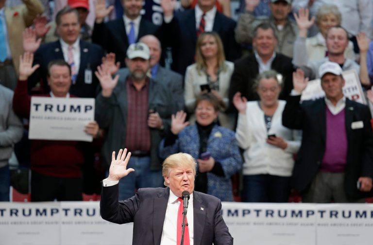 Republican presidential candidate Donald Trump asked his attendees of his rally in North Carolina to pledge their support for him. (AP Photo/Gerry Broome)