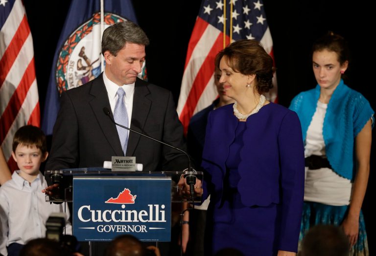 In Virginia, the state closest to the national average in the last two presidential elections, neither Republican Ken Cuccinelli, above, nor Democrat Terry McAuliffe won 50 percent of the vote. McAuliffe, far ahead in the polls for months, eked out a 48 percent to 45 percent victory.(AP Photo/Steve Helber)
