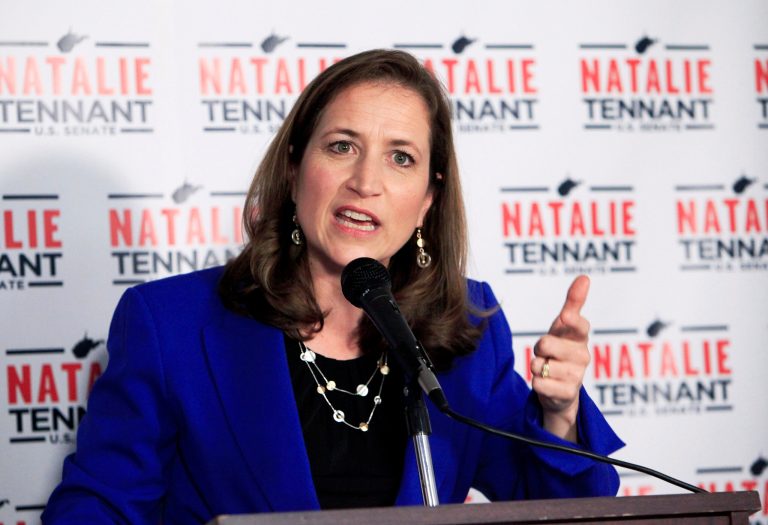 West Virginia Secretary of State Natalie Tennant celebrates Tuesday, May 13, 2014, at her headquarters in Charleston, W.Va. Tennant won the primary election Tuesday and secured the Democratic nomination for the U.S. Senate position soon to be vacated by Sen. Jay Rockefeller. (AP Photo/Randy Snyder)